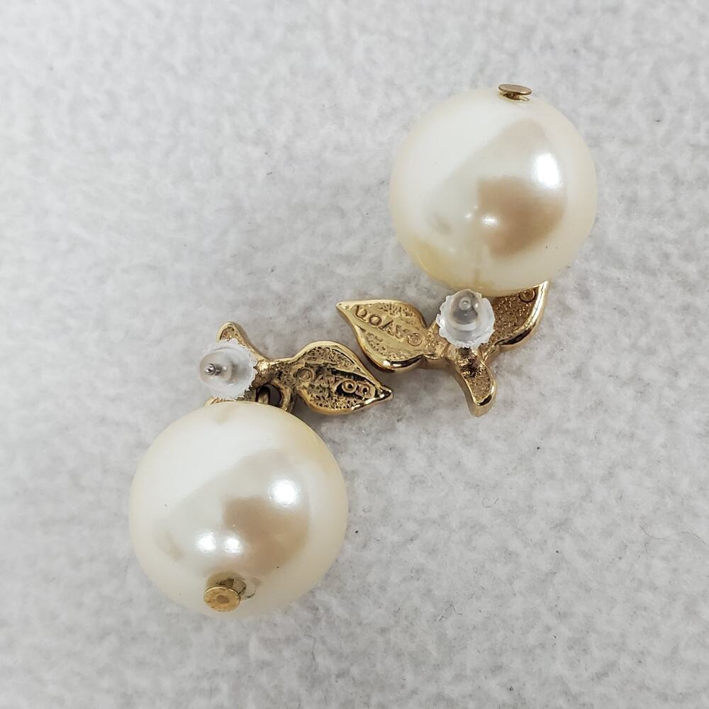 Vintage Avon Signed Gold-tone & Faux Pearl Post Earrings - Picture 4 of 5